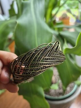 Woven Braided Metal Cuff Bracelet - Antique Gold Tone
